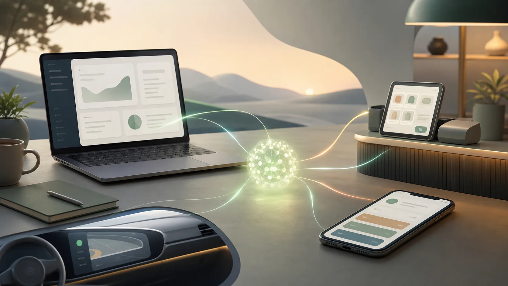 Connected laptop, phone, vehicle dashboard and shop device around a glowing abstract AI core