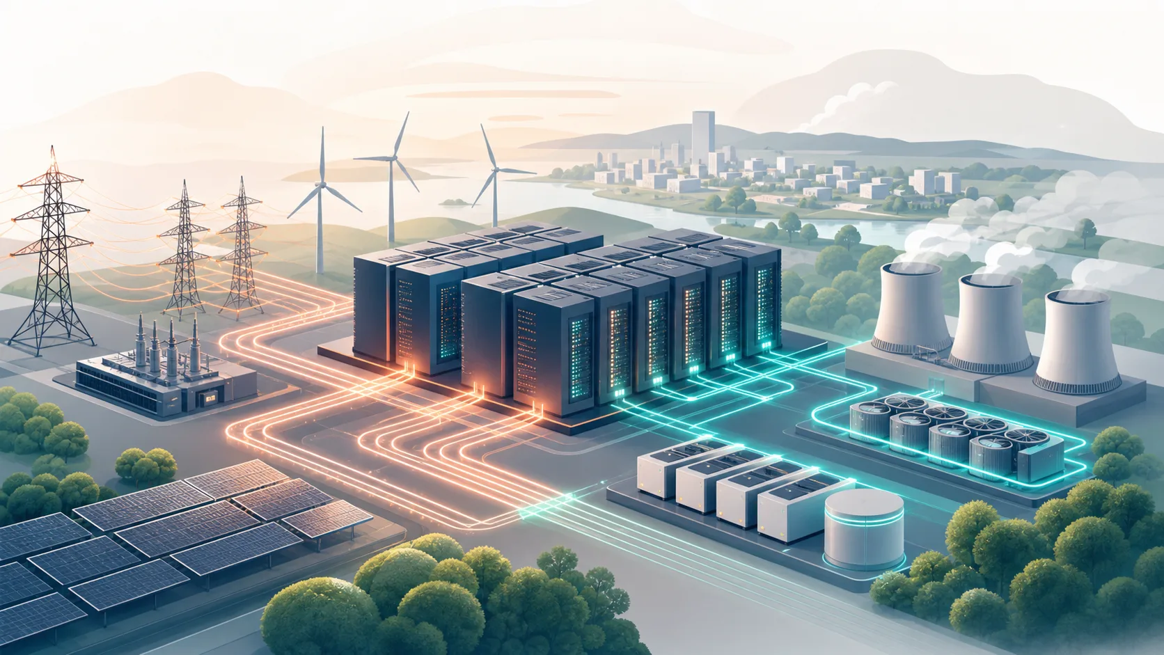 Abstract data center blocks connected to power lines, cooling systems, solar panels and wind turbines