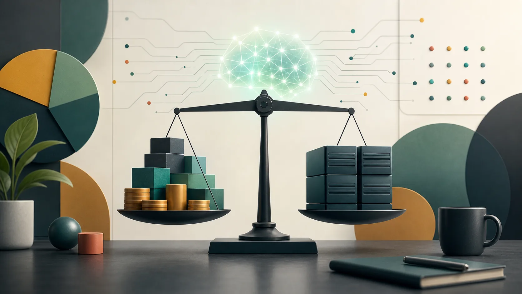 A balance scale comparing abstract AI infrastructure blocks, financial shapes and a glowing network core