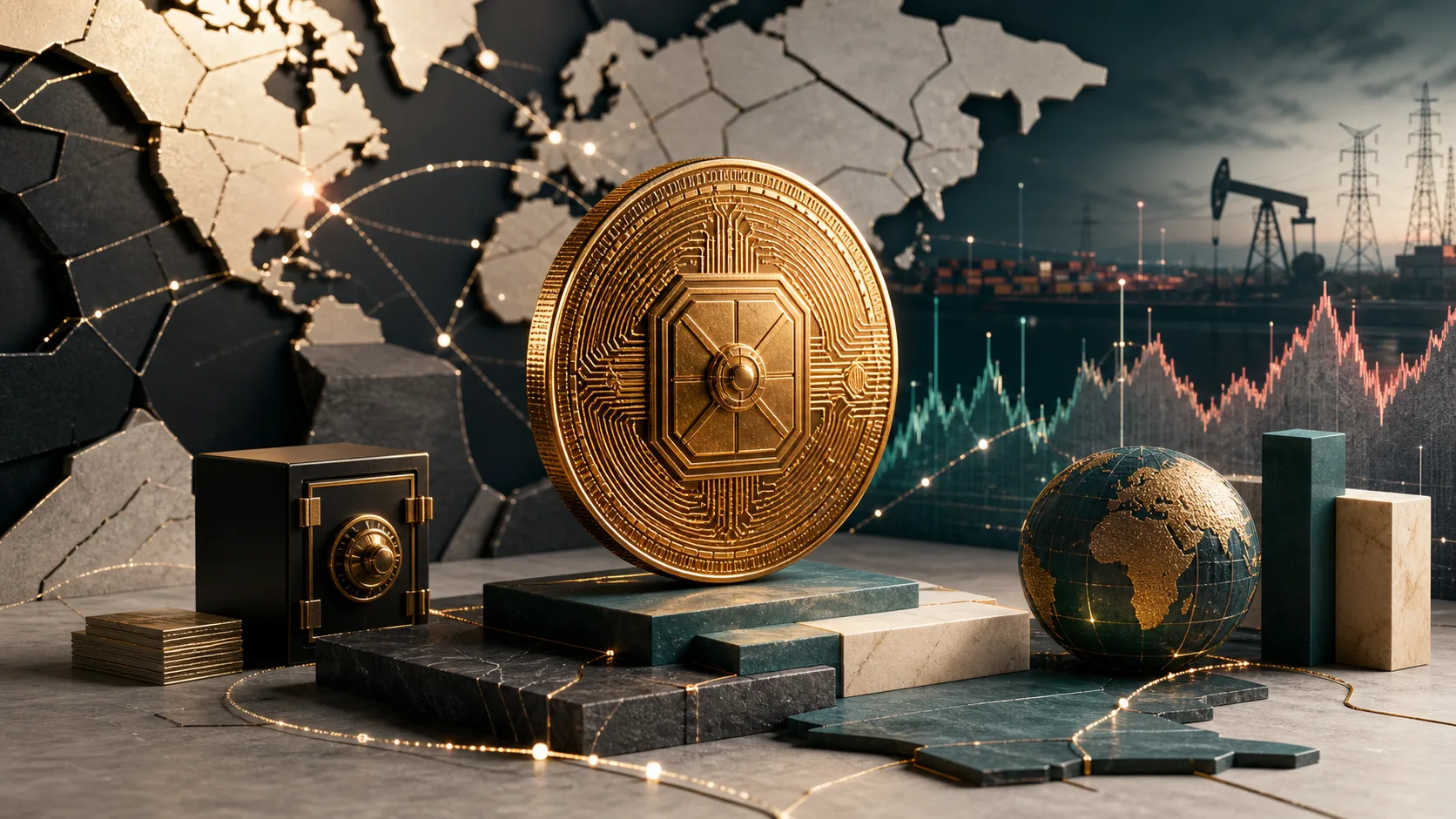 An abstract digital coin near a vault, global map, energy infrastructure and market charts