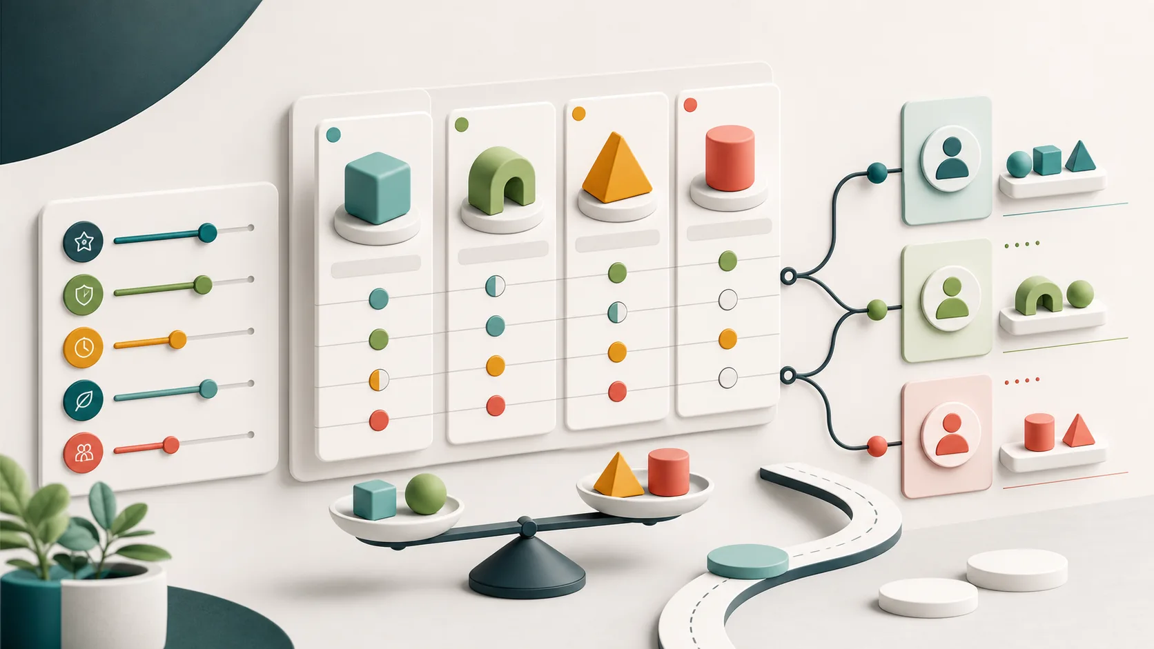 Criteria cards, sliders, decision paths and balanced options for a thoughtful comparison