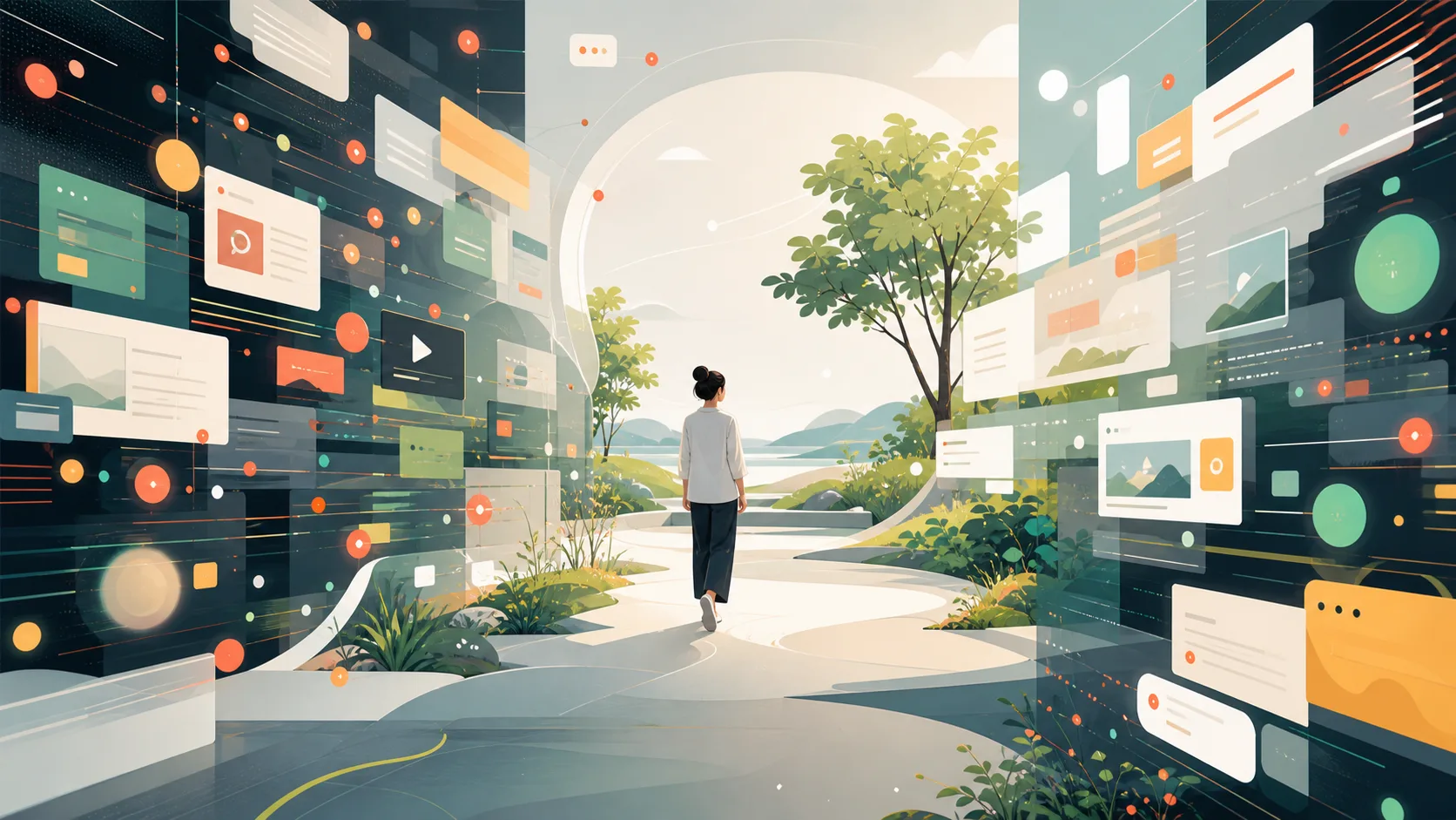 Busy digital interface elements around a calm path of focus