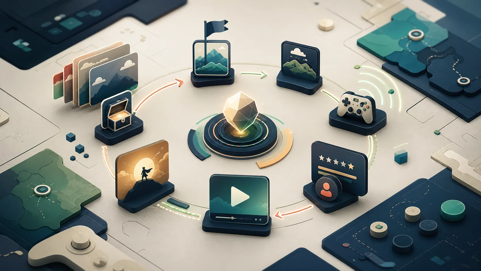 Editorial illustration of abstract game media cards, map tiles and controller shapes moving through a circular hype loop
