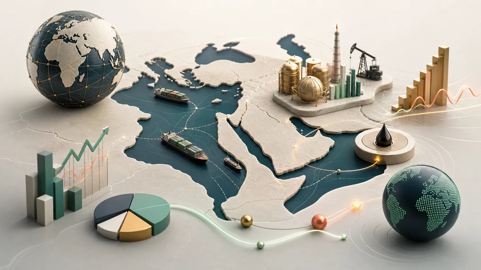 A conceptual Middle East map with shipping routes, energy infrastructure and abstract economic charts