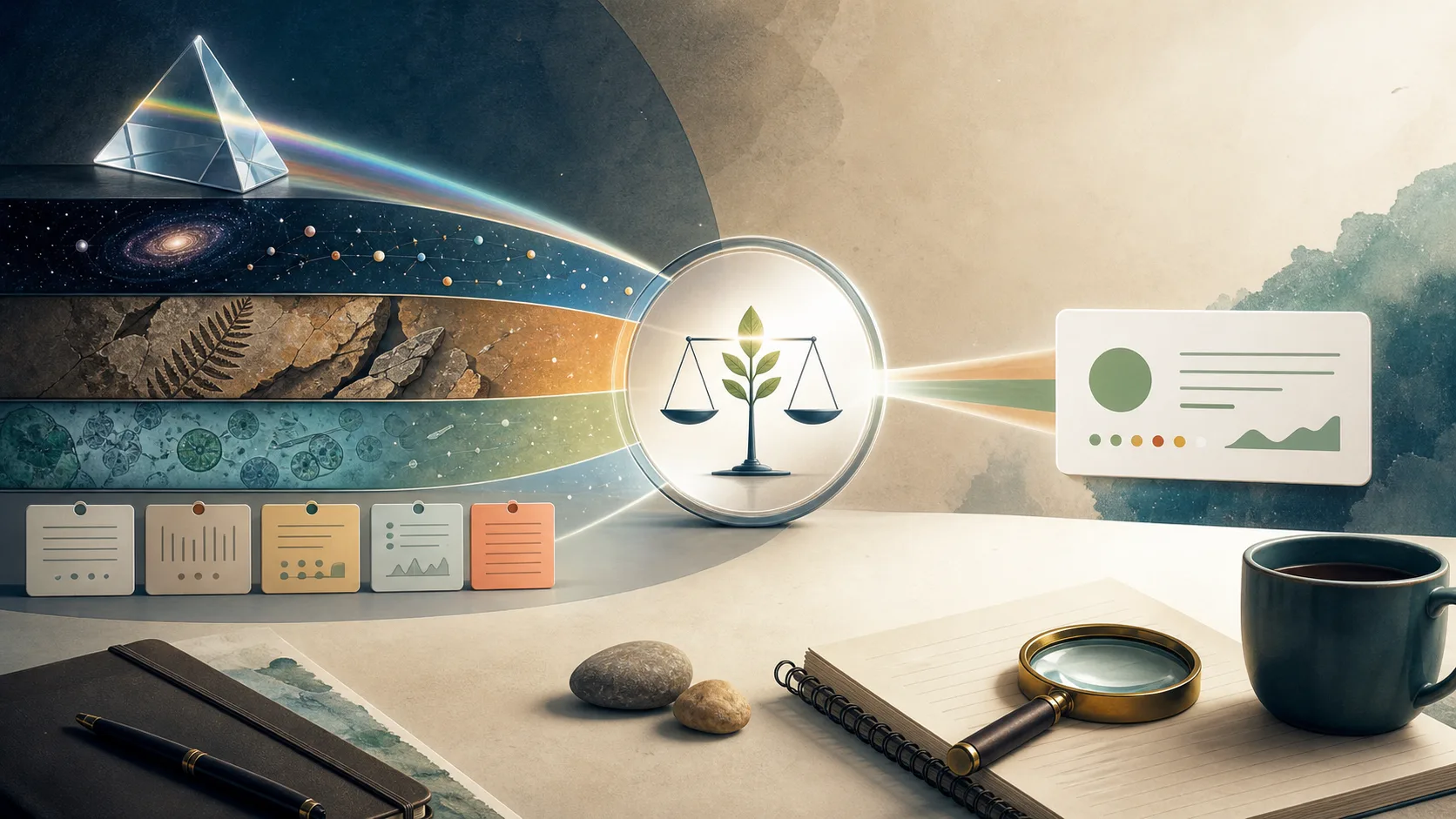 Abstract editorial illustration of layered scientific evidence aligning into a clear insight